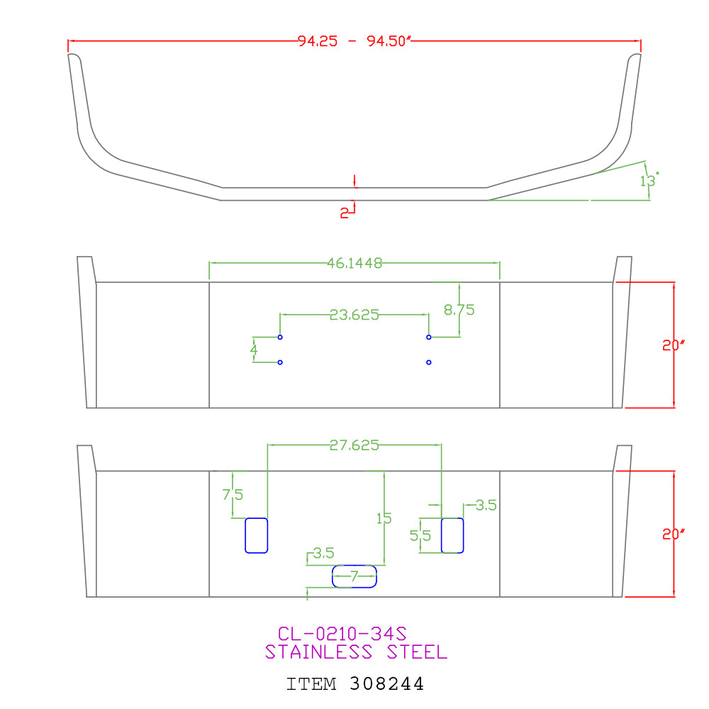 Freightliner Century Set Back Axle 1994-2004 20" Stainless Steel Bumper