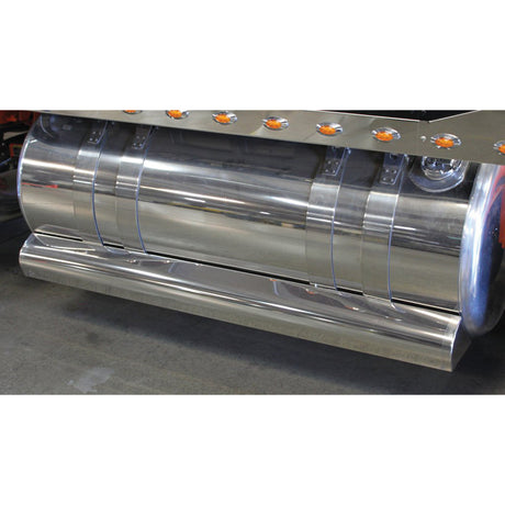 Close-up of Peterbilt 150 gallon stainless steel fuel tank wrap