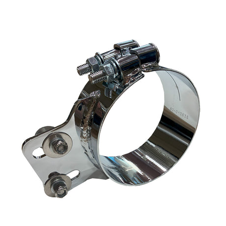 Peterbilt 359, 379 chrome 5" straight bracket clamp, close-up