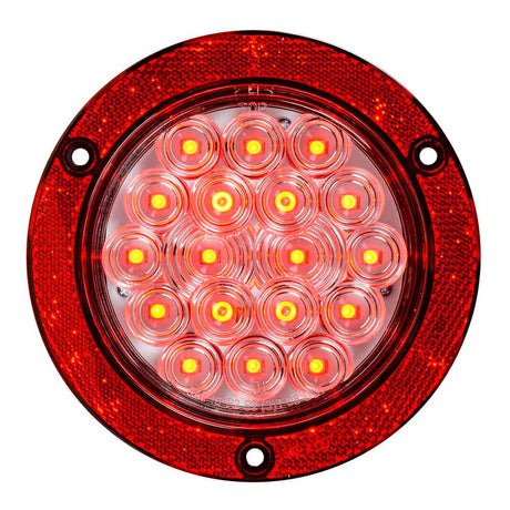 Closer view of 4" 18 LED flange mount light with red reflector ring