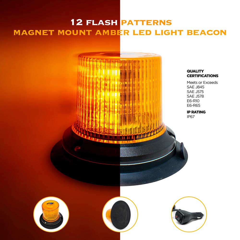 12-Volt Amber LED Beacon Light with Twelve Flash Patterns - Magnet Mount