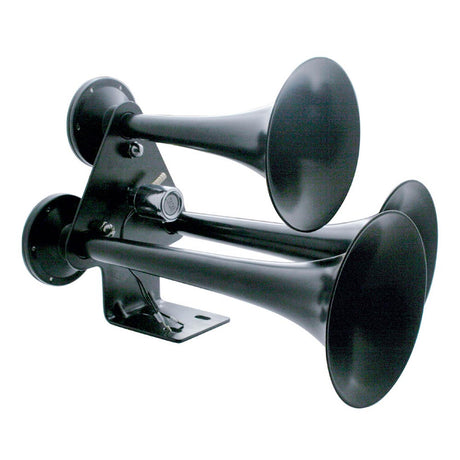 Black train horn and compressor kit, close-up