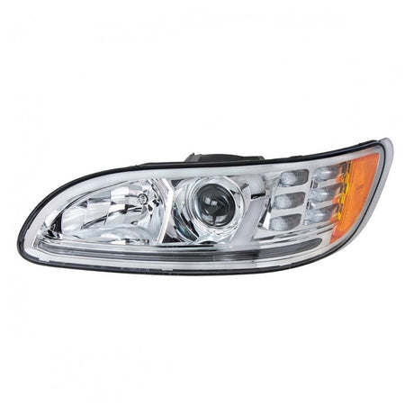 Close-up of Peterbilt chrome projection headlight with LED position and turn signal lights