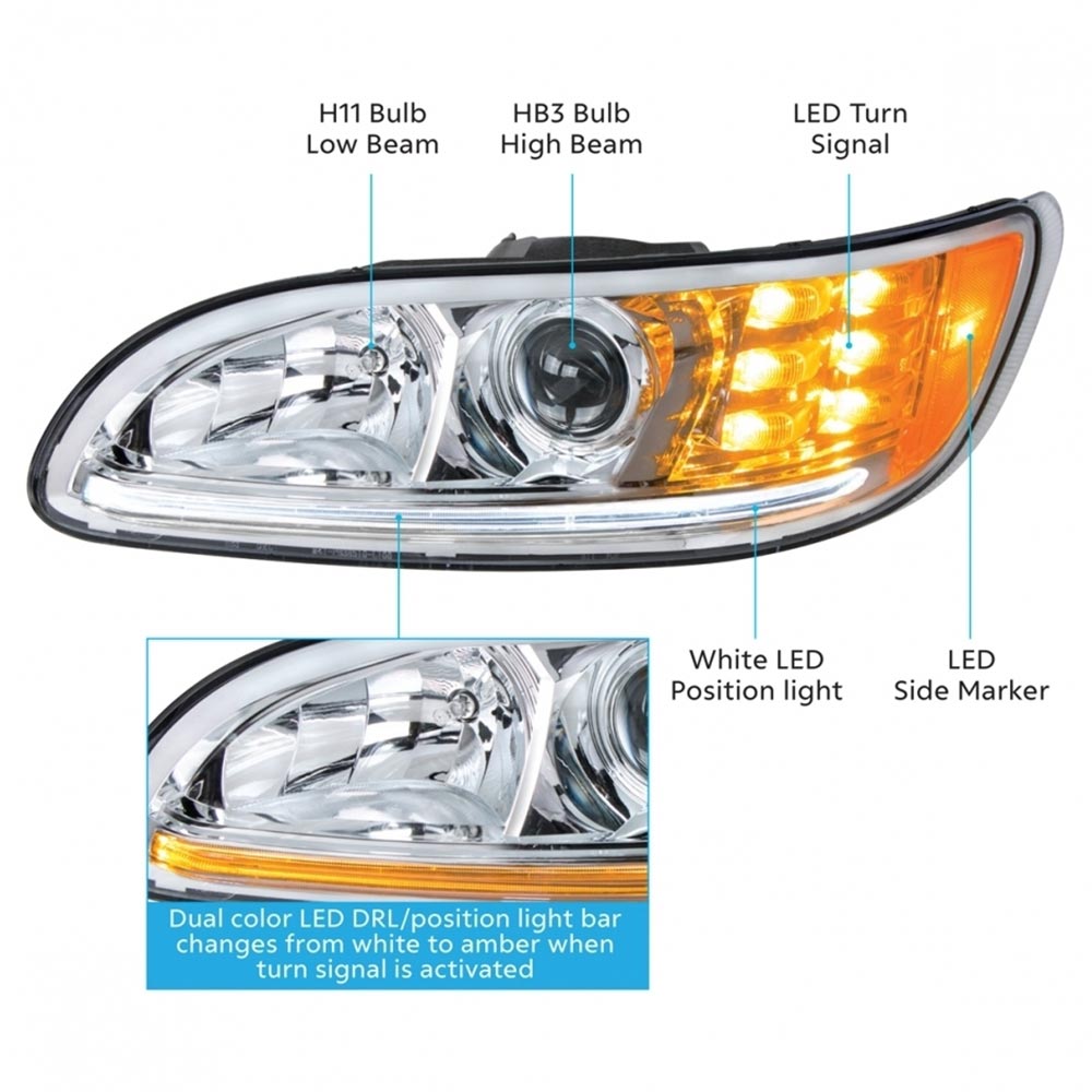 Peterbilt Chrome Projection Headlight with LED Position and Turn Signal Lights