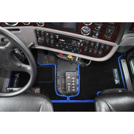 Peterbilt 386, 388, 389 black with blue trim floor mat set for semi trucks