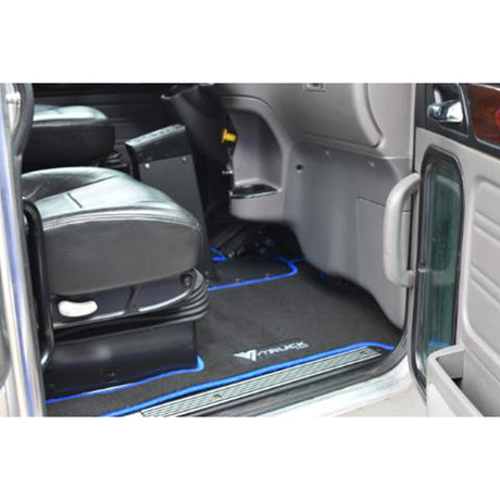 Close-up of Peterbilt 386, 388, 389 black with blue trim floor mat set