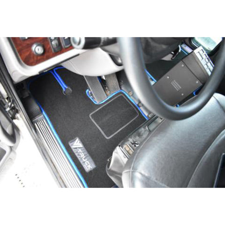 Peterbilt 386, 388, 389 black with blue trim floor mat set, closer view