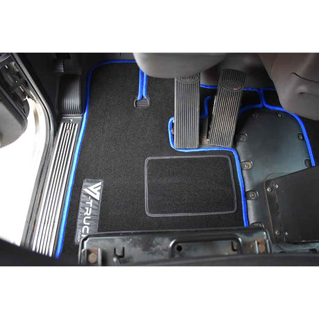 Closer view of Peterbilt 386, 388, 389 black with blue trim floor mat set