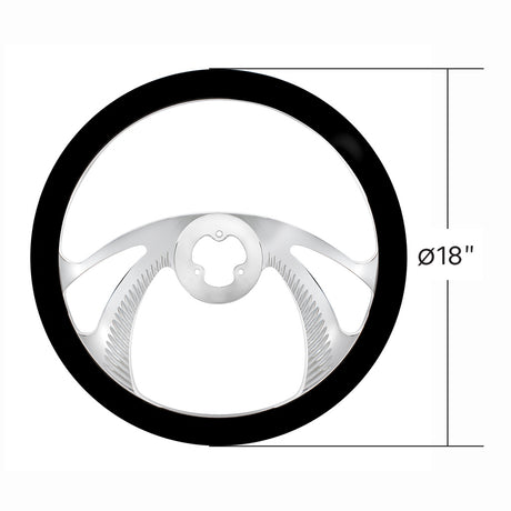 Close-up of 18" Chrome aluminum 3 spoke black leather Scorpion steering wheel