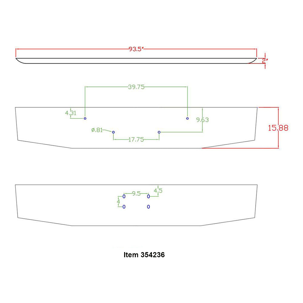 Peterbilt 365, 388, 389 16" Stainless Steel Tapered Bumper