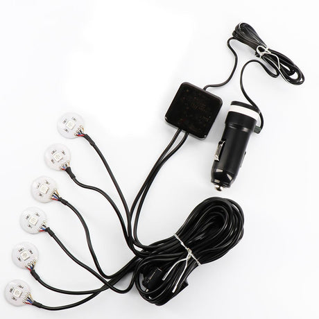 Close-up of multicolor LED light pods with remote, 6-Pack