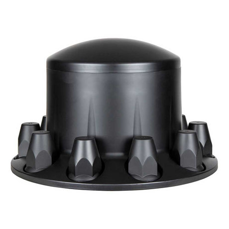 Black ABS rear axle cover with dome hubcap, 33mm thread-on nut covers, close-up
