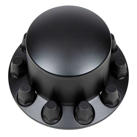 Close-up of black ABS rear axle cover with dome hubcap, 33mm thread-on nut covers