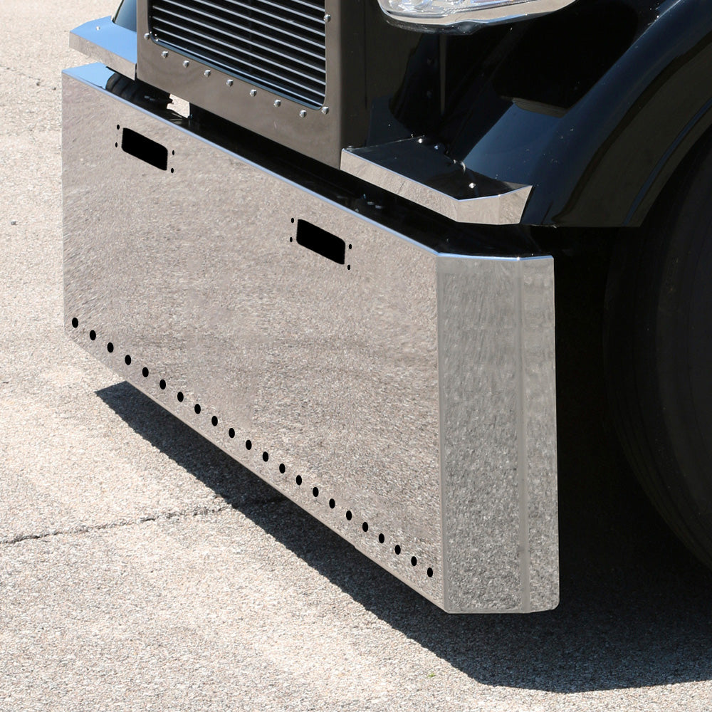 Peterbilt 359 1973-1987 Stainless Steel 22" Switchback End Bumper with  ¾" Light Cutouts and Tow Holes
