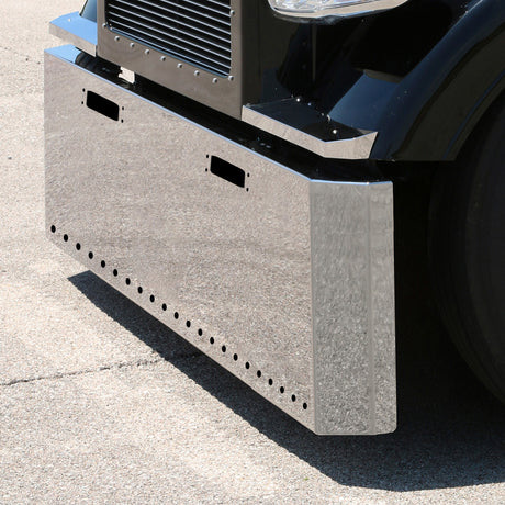 Peterbilt 359 1973-1987 stainless steel 22" switchback end bumper with ¾" light cutouts and tow holes