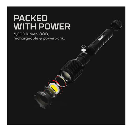 Redline 6K rechargeable LED flashlight and power bank, close-up