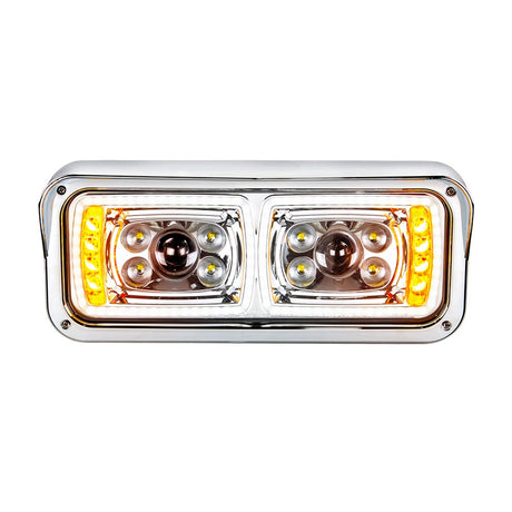 Closer view of chrome 10 LED projection headlight with turn signal and position bar