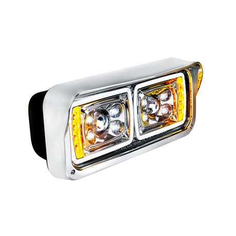 Close-up of chrome 10 LED projection headlight with turn signal and position bar