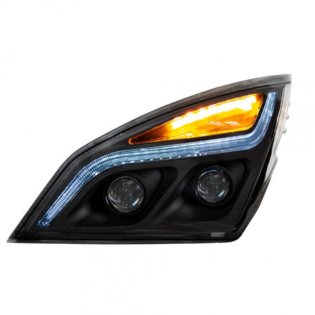 Close-up of Freightliner Cascadia P4 blackout LED projection headlight