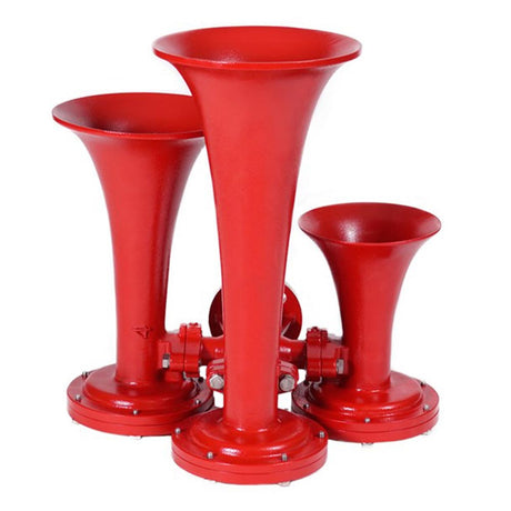 Red 3 trumpet train horn, close-up