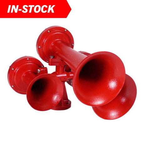 Red 3 trumpet train horn, closer view