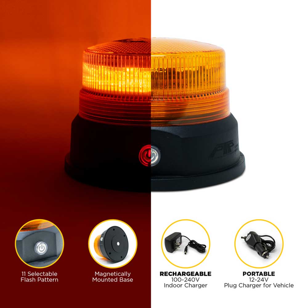 5"D High Power 24 Amber LED Magnet Mounted and Battery Operated Rechargeable Light Beacon