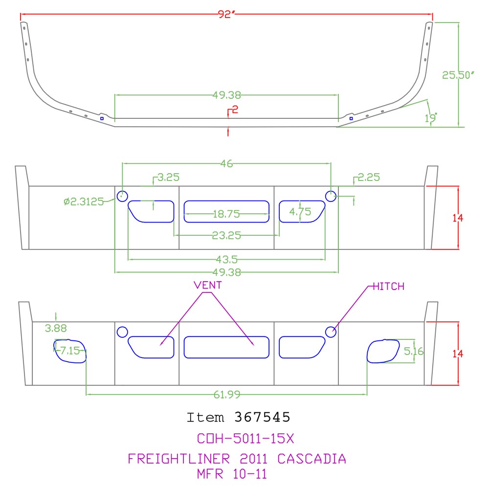 Freightliner Cascadia 14" Set Back Bumper with Fog Light Cutouts
