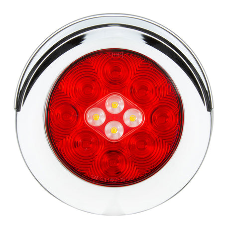 4" LED red/white flange mount combo tail and back-up light with 4-pin weather pack plug and chrome bezel, close-up
