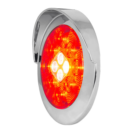 Close-up of 4" LED red/white flange mount combo tail and back-up light with 4-pin weather pack plug and chrome bezel