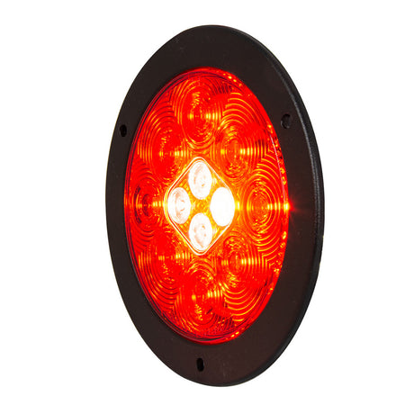 Close-up of 4" LED red/white flange mount combo tail and back-up light with 4-pin weather pack plug