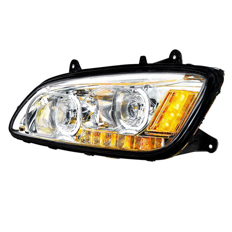 Close-up of Kenworth T660 chrome LED headlight with LED turn signal