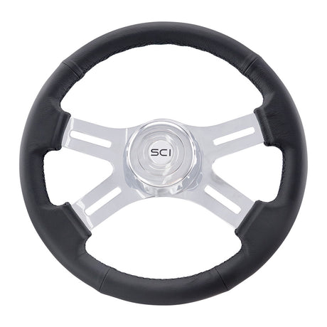 16" 4 Spoke leather steering wheel, close-up