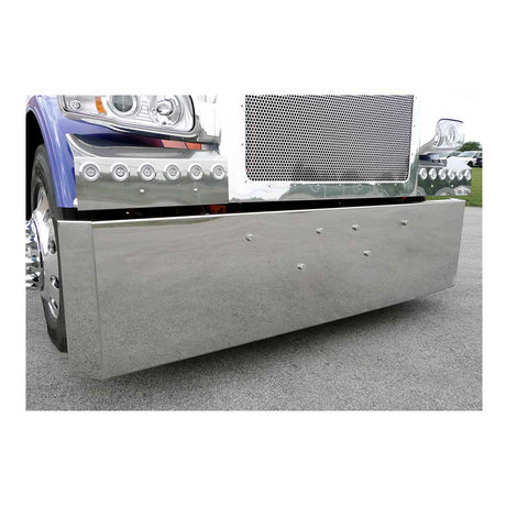 Peterbilt 388, 389, 567 22" stainless steel mitered end bumper for set forward axle, close-up