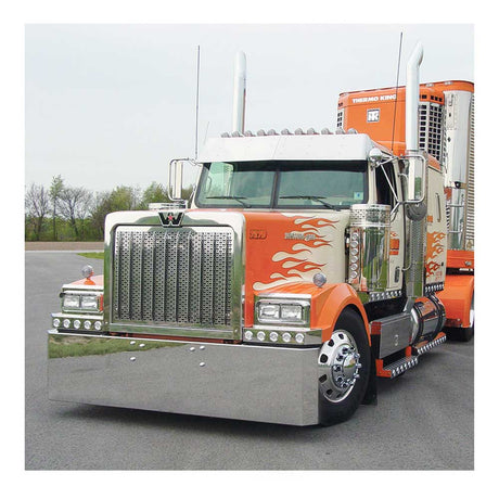 Western Star 4900 2007 and older 22" stainless steel mitered end bumper, close-up