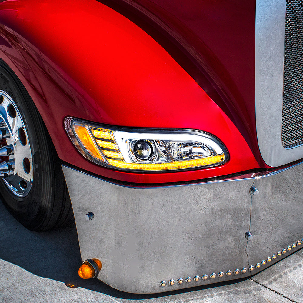 Peterbilt 382, 384, 386, 387 Chrome Projection Headlight with LED DRL and Sequential Turn Signal