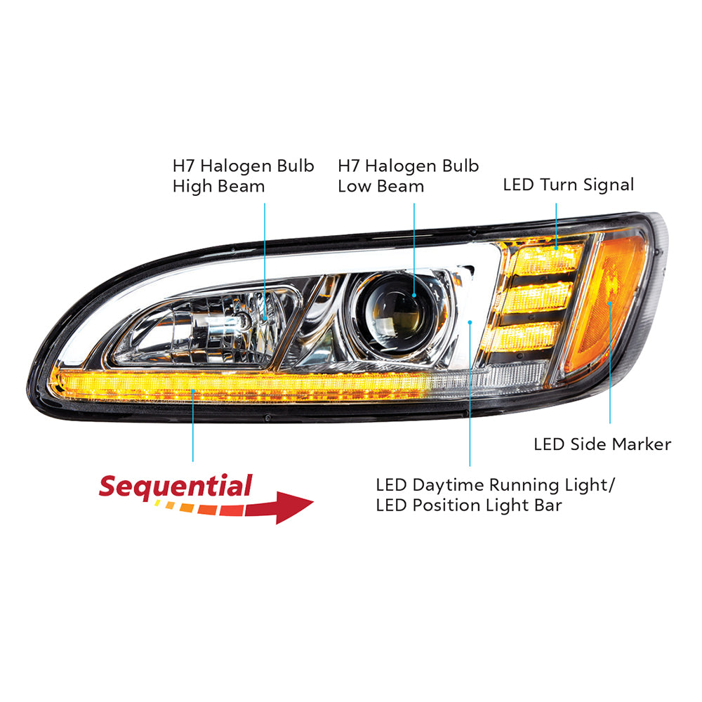 Peterbilt 382, 384, 386, 387 Chrome Projection Headlight with LED DRL and Sequential Turn Signal
