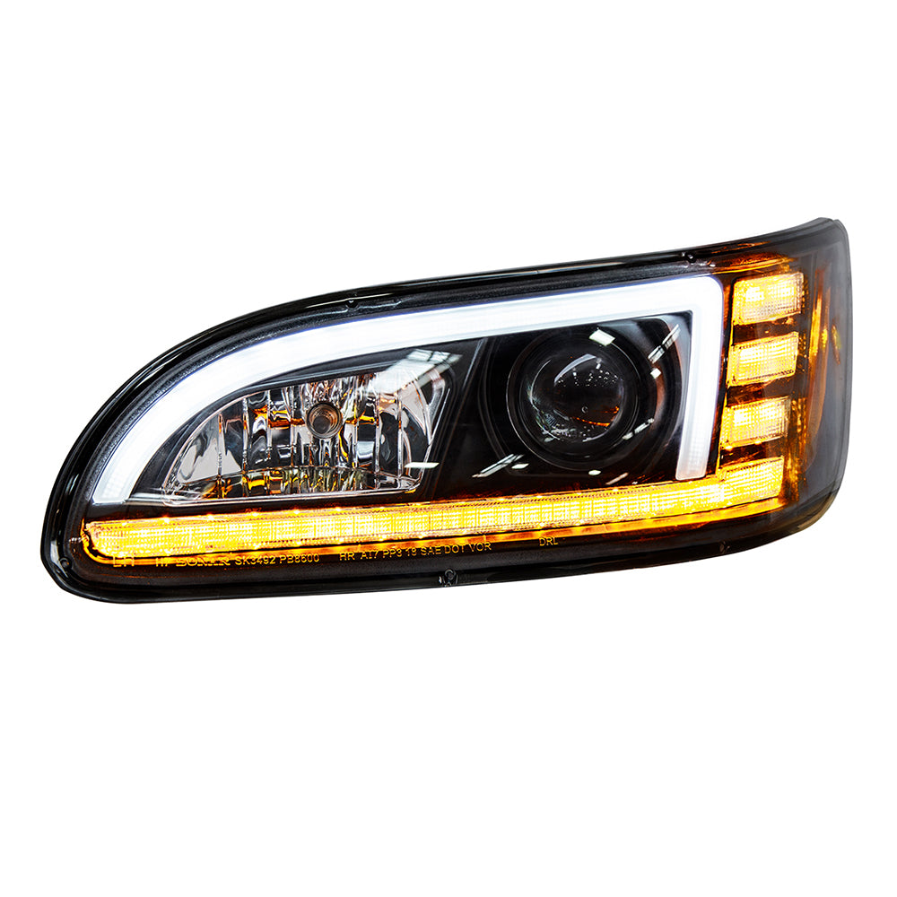 Peterbilt 382, 384, 386, 387 Black Projection Headlight with LED DRL and Sequential Turn Signal