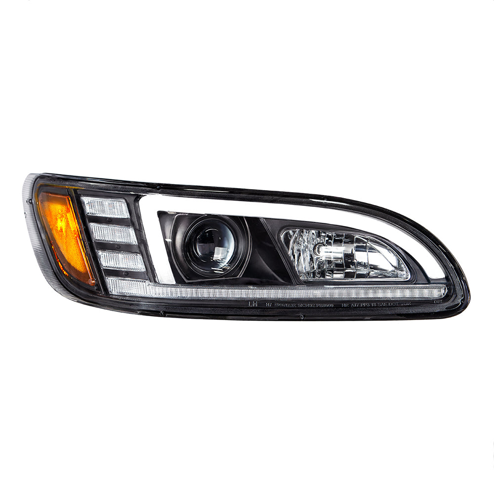 Peterbilt 382, 384, 386, 387 Black Projection Headlight with LED DRL and Sequential Turn Signal