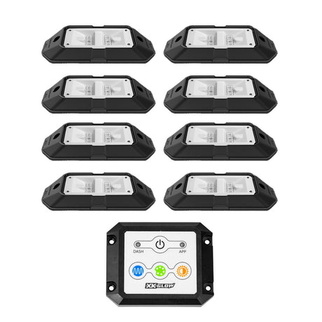 Xk Glow 8-Piece multi color rock light under glow set with dash mount pad controller