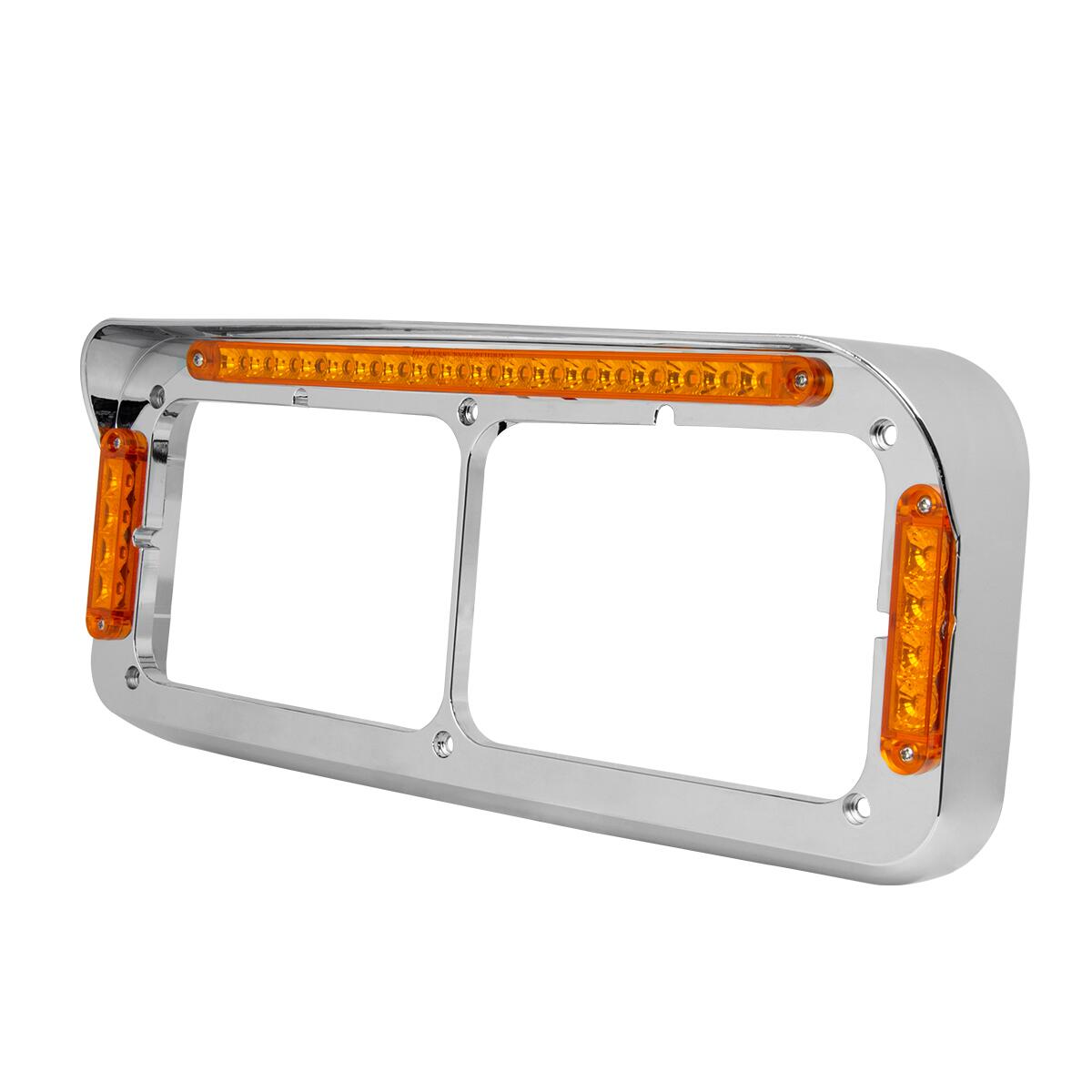 Dual Rectangular Headlight Bezel w/ Visor Amber LED Lights w/ Amber Lens
