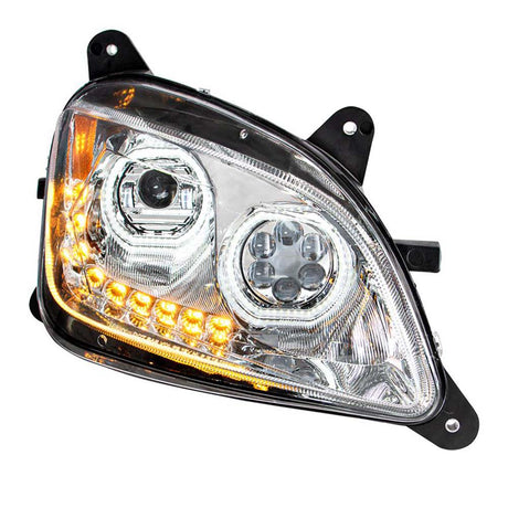 Close-up of Peterbilt 587, 579 chrome 10 LED headlight