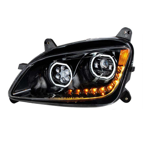 Closer view of Peterbilt 587, 579 black 10 LED headlight