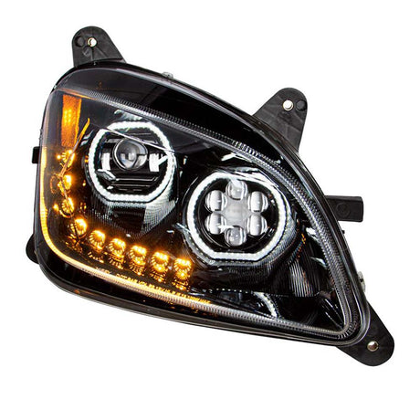 Close-up of Peterbilt 587, 579 black 10 LED headlight