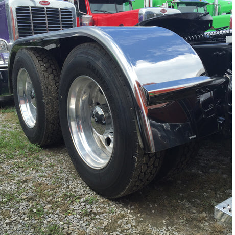Close-up of 143" 430 Stainless steel low rider full tandem fenders with mounting kit