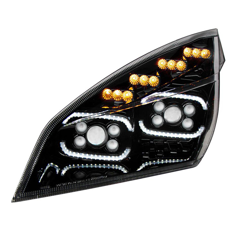 Freightliner Cascadia 2018+ Black Inner Housing High Power LED Projector Headlight with LED Sequential Turn and DRL