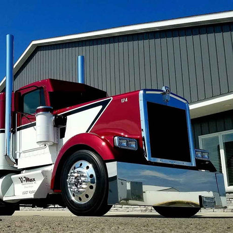 22" American Eagle chrome plated stainless steel bumper with blind mount for Peterbilt, Kenworth, Freightliner, close-up
