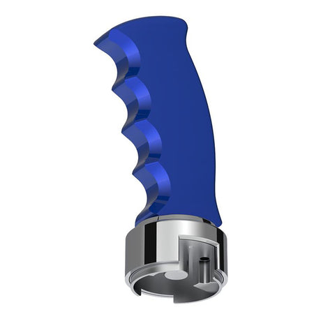 Close-up of blue pistol Grip shifter knob with 13/15/18 speed adapter