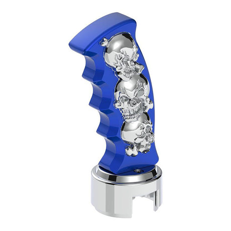 Blue skulls pistol Grip gearshift knob with 13/15/18 chrome speed adapter - thread on, close-up