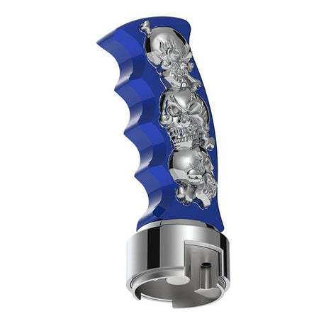 Blue skulls pistol Grip gearshift knob with 13/15/18 chrome speed adapter - thread on, closer view