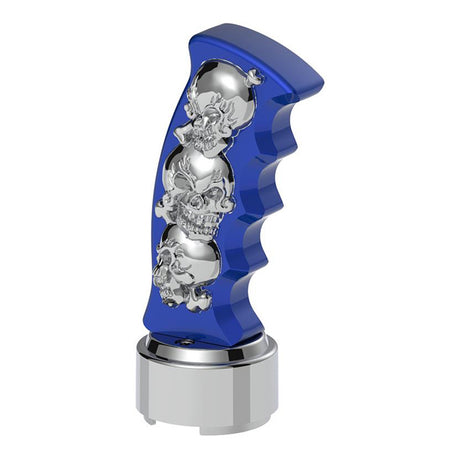 Another angle of blue skulls pistol Grip gearshift knob with 13/15/18 chrome speed adapter - thread on
